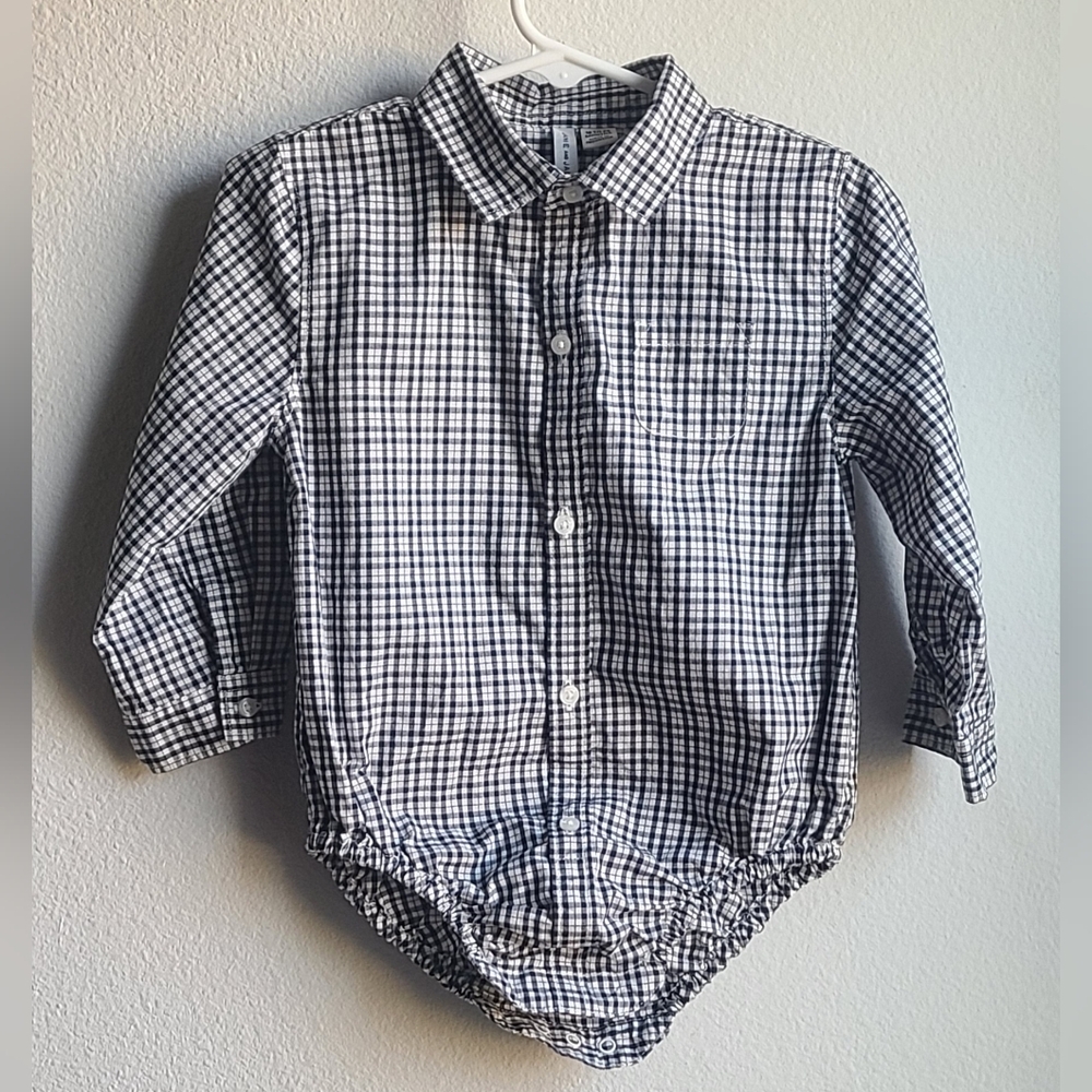 Janie and Jack Boy's Navy Blue White Plaid LS Button Up Onesie Shirt, Sz 18-24 M